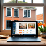 **

A cozy home office setup in a typical Dutch house (think brick exterior, large windows). A person is smiling while looking at a laptop screen showing sales data for digital products.  Dutch-style decorations like tulips in a vase or a Delftware plate are visible in the background. Focus on warm lighting and a sense of accomplishment.

**