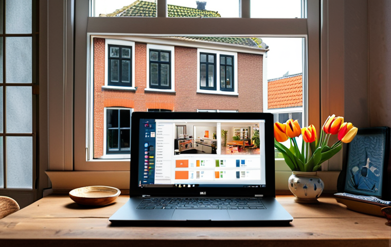**
A cozy home office setup in a typical Dutch house (think brick exterior, large windows). A person is smiling while looking at a laptop screen showing sales data for digital products. Dutch-style decorations like tulips in a vase or a Delftware plate are visible in the background. Focus on warm lighting and a sense of accomplishment.
**